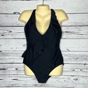 Kona Sol NWT Size L Black Ruffle High Coverage One Piece Bathing Suit Swimsuit